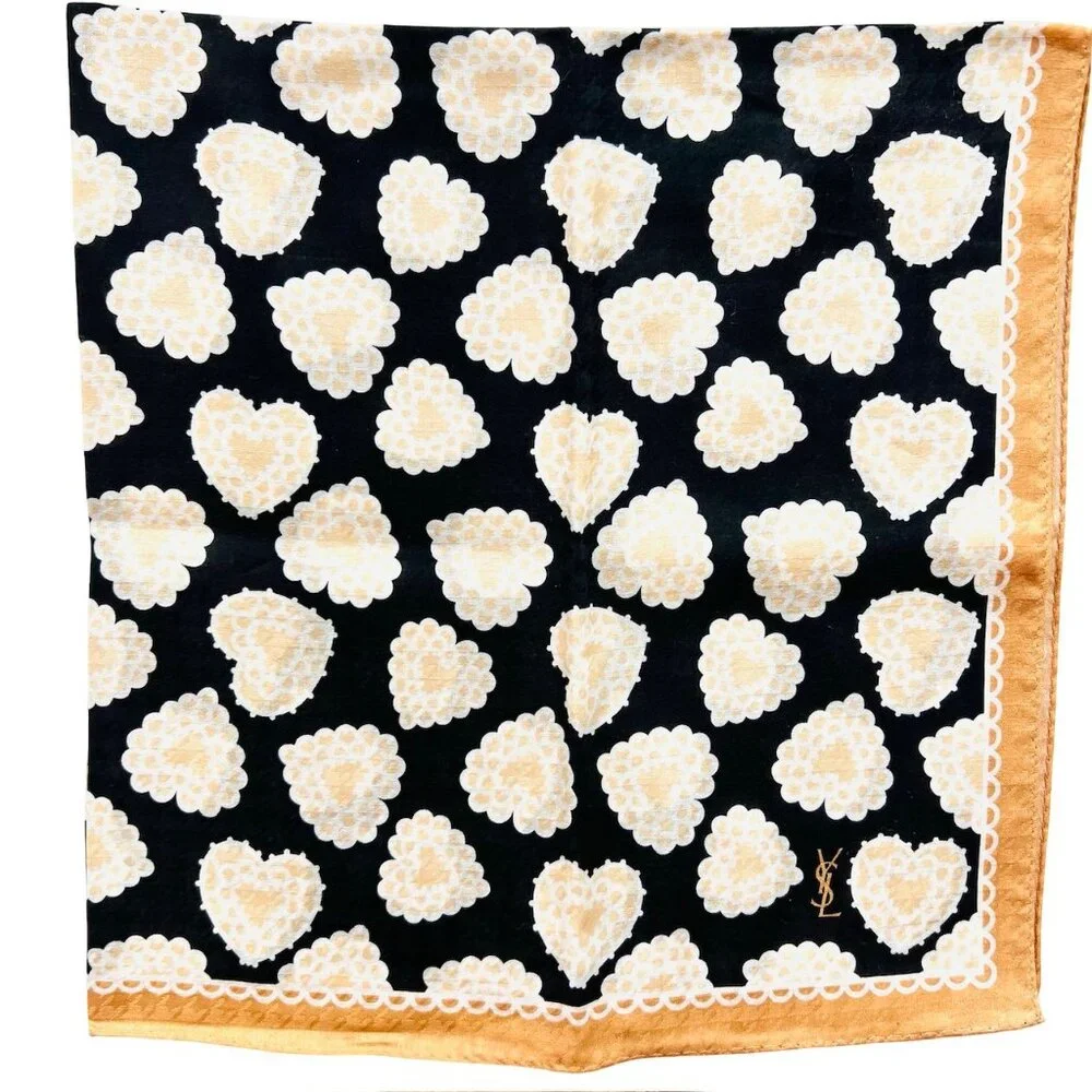 New Tag On  Yves Saint Laurent  Scarf Cotton & Silk 22.5" Beige Black Heart  (63 - Picture 6 of 10